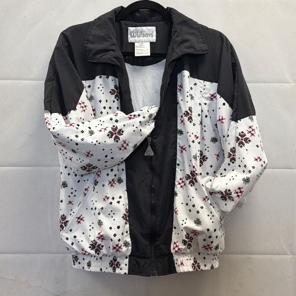 Vintage Wilson Women’s Windbreaker Jacket M White Black Pattern Retro 90s